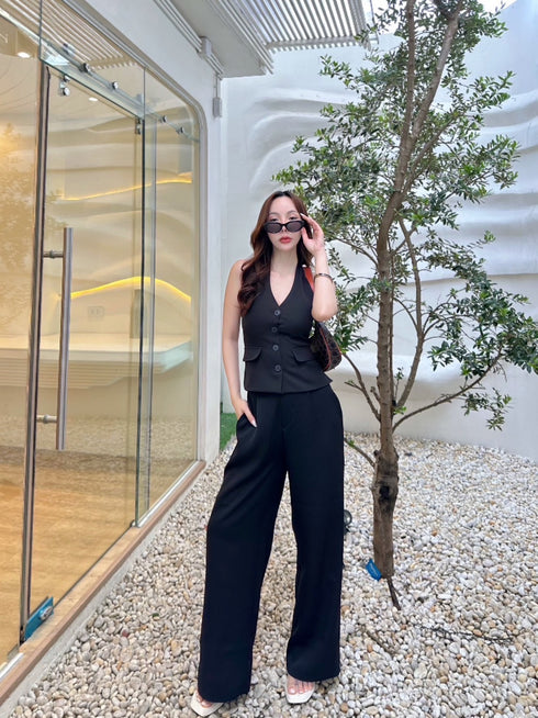 Women Casual Halter Neck Waist Coat with Trousers Sets